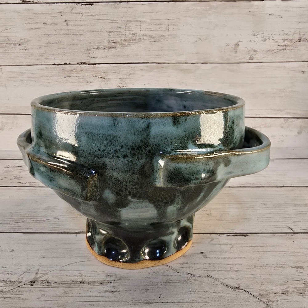 Studio‎ Pottery Footed Bowl Teal Blue Reactive Glaze Artisan Ceramic Handcrafted